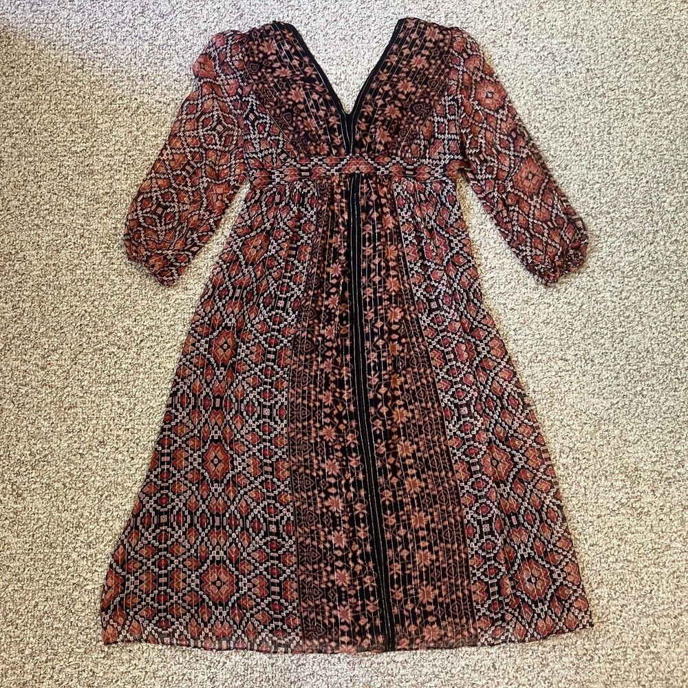 Signature by Robbie Bee Womens Dress Size 10 Boho Metallic Sheer Silk Bd Peasant